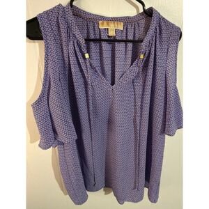 Michael Kors Cold Shoulder Blouse Geometric Print Purple M‎ V Neck Tie Neck